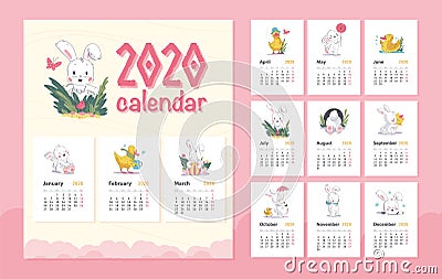 Vector 2020 baby calendar design template with cute white bunny animal character & little yellow duck walk, stand, sit. Vector Illustration
